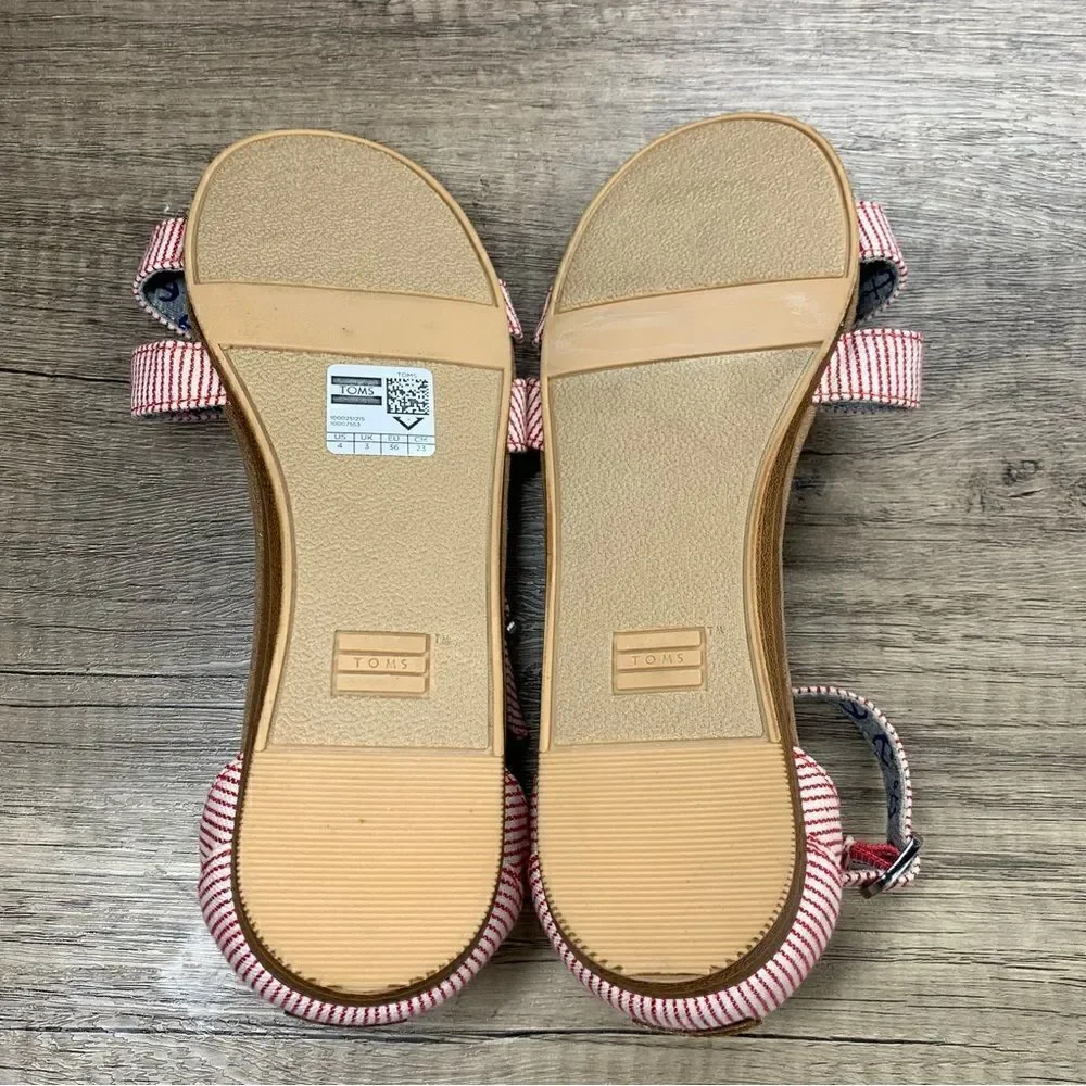 TOMS~Girls~”Correa”~ Red/White PinStripe Flat Open Toe Sandals~Size 4‎